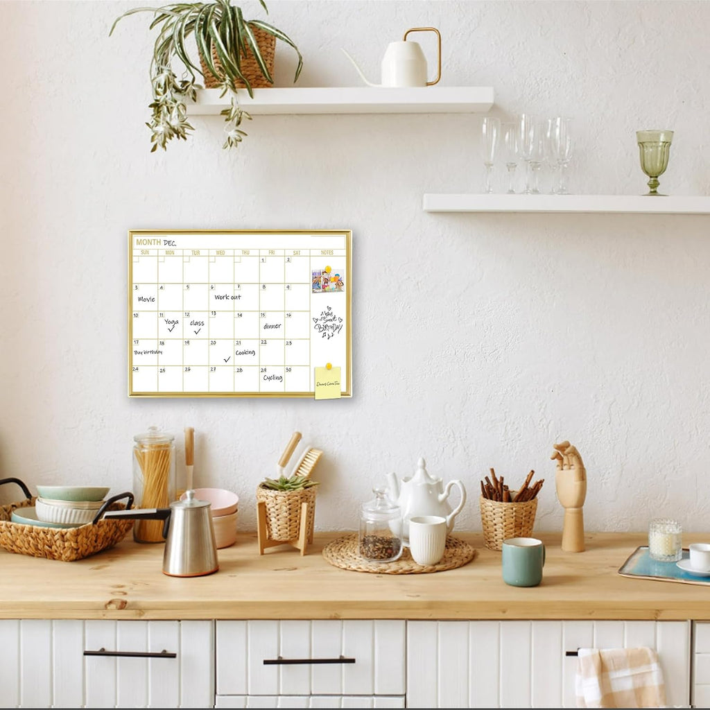 Calendario mensual dorado de borrado en seco para pared, marco de aluminio portátil de 16 x 12 pulgadas, calendario magnético, pizarra blanca, planificador de pared para oficina, cocina, escuela, hogar, GG