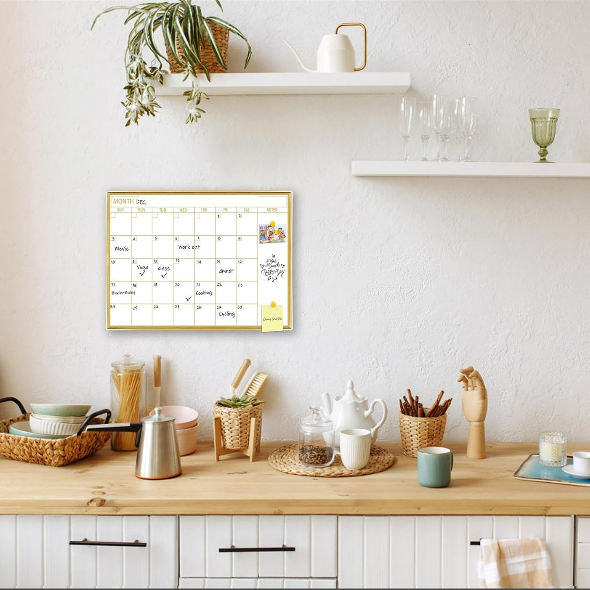 Calendario mensual dorado de borrado en seco para pared, marco de aluminio portátil de 16 x 12 pulgadas, calendario magnético, pizarra blanca, planificador de pared para oficina, cocina, escuela, hogar, GG