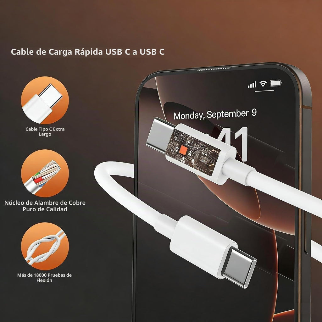 Cargador rápido de 45 W para iPhone 17 Pro Max, cables USB C súper rápidos