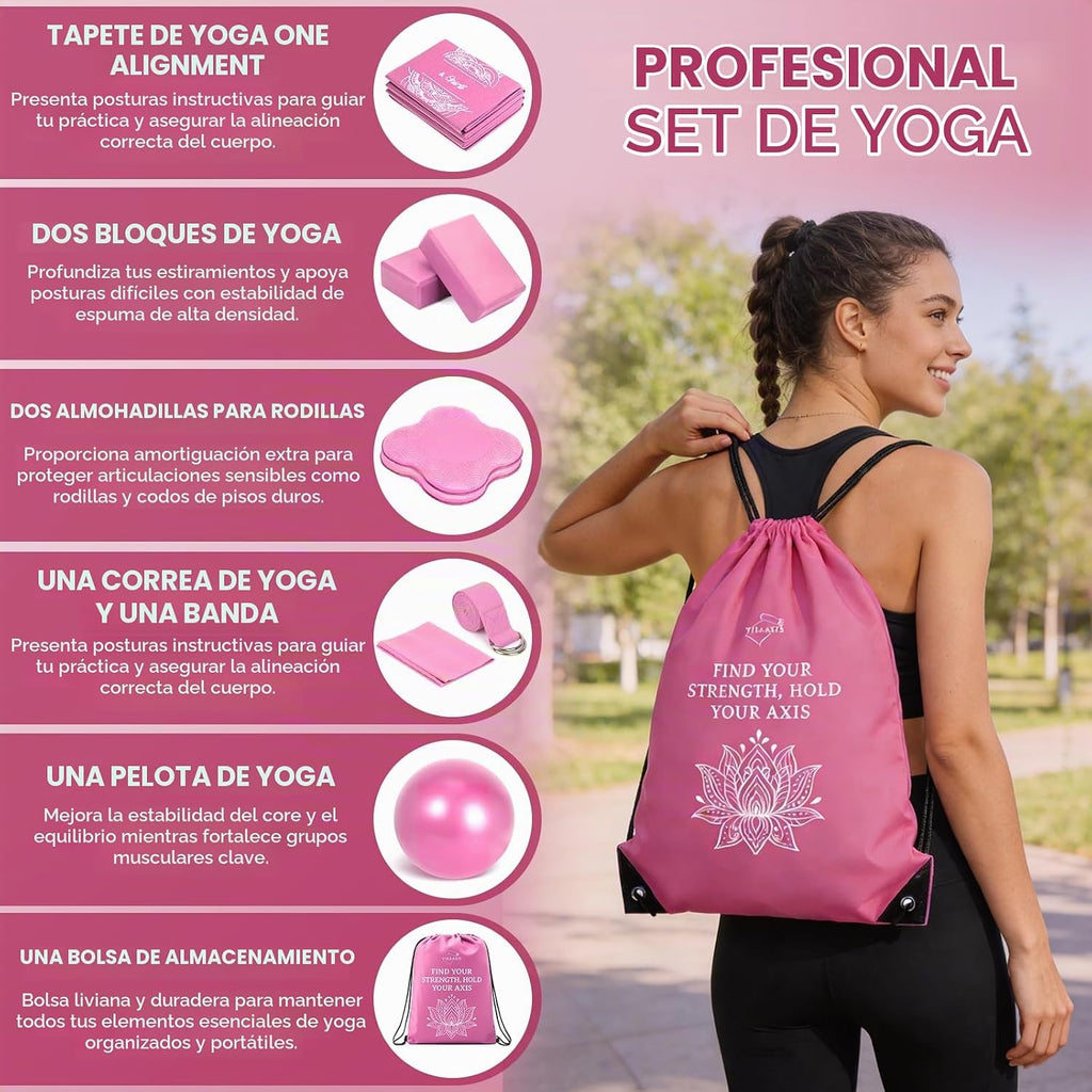 Juego de esterilla de yoga plegable y bloques para mujer con paquete de 2 bloques de yoga y correa, esterilla de pilates delgada antideslizante con bolsa, equipo de entrenamiento en casa, kit
