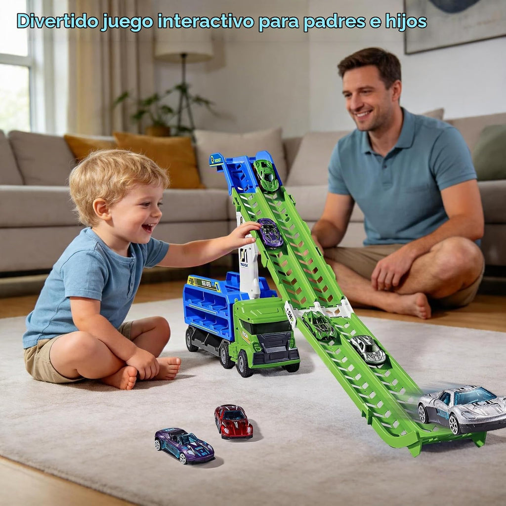 Camión de carreras de juguete para niños de 3 a 5 años - Camión transportador de automóvil 4 en 1 con 2 pistas de carreras plegables, juego de vehículos de transporte con 6 autos fundidos a presión