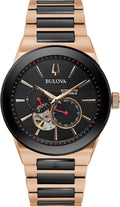Bulova Latin Grammy Modern Millenia - Reloj automático de acero inoxidable en dos tonos, abertura de latido abierto, parte trasera de caja de exhibición, esfera negra, (Modelo: 98A236)