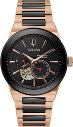 Bulova Latin Grammy Modern Millenia - Reloj automático de acero inoxidable en dos tonos, abertura de latido abierto, parte trasera de caja de exhibición, esfera negra, (Modelo: 98A236)