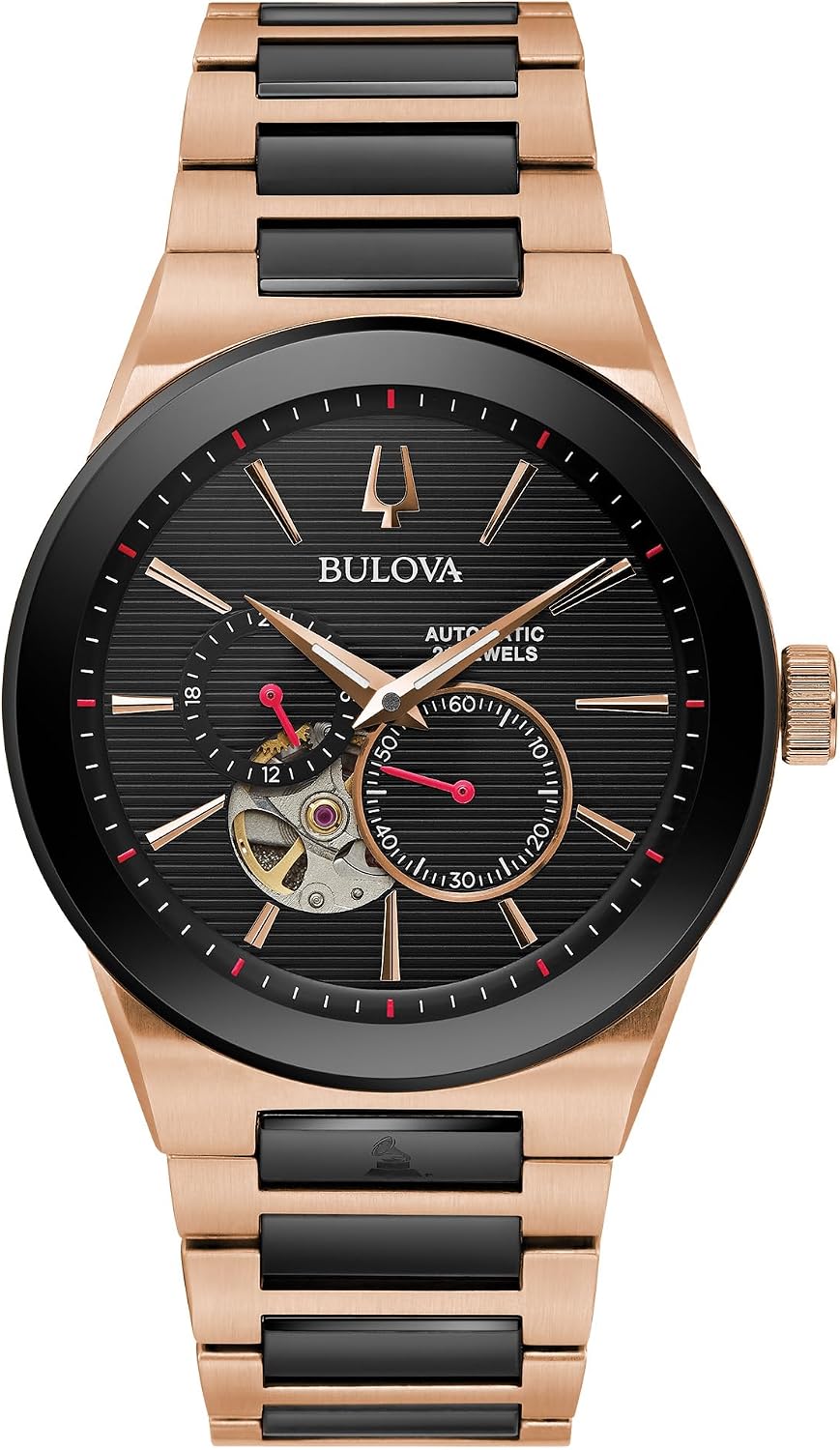 Bulova Latin Grammy Modern Millenia - Reloj automático de acero inoxidable en dos tonos, abertura de latido abierto, parte trasera de caja de exhibición, esfera negra, (Modelo: 98A236)