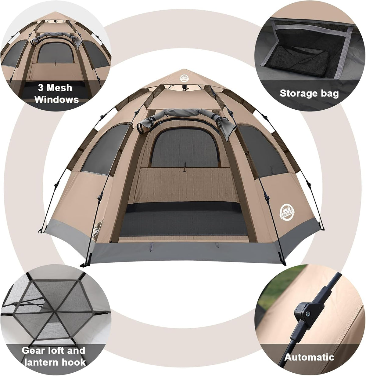 ADSMART Tiendas de campaña instantáneas para acampar 2/3/4/5 personas, impermeable, fácil instalación, tiendas de campaña con bolsa de transporte para senderismo al aire libre