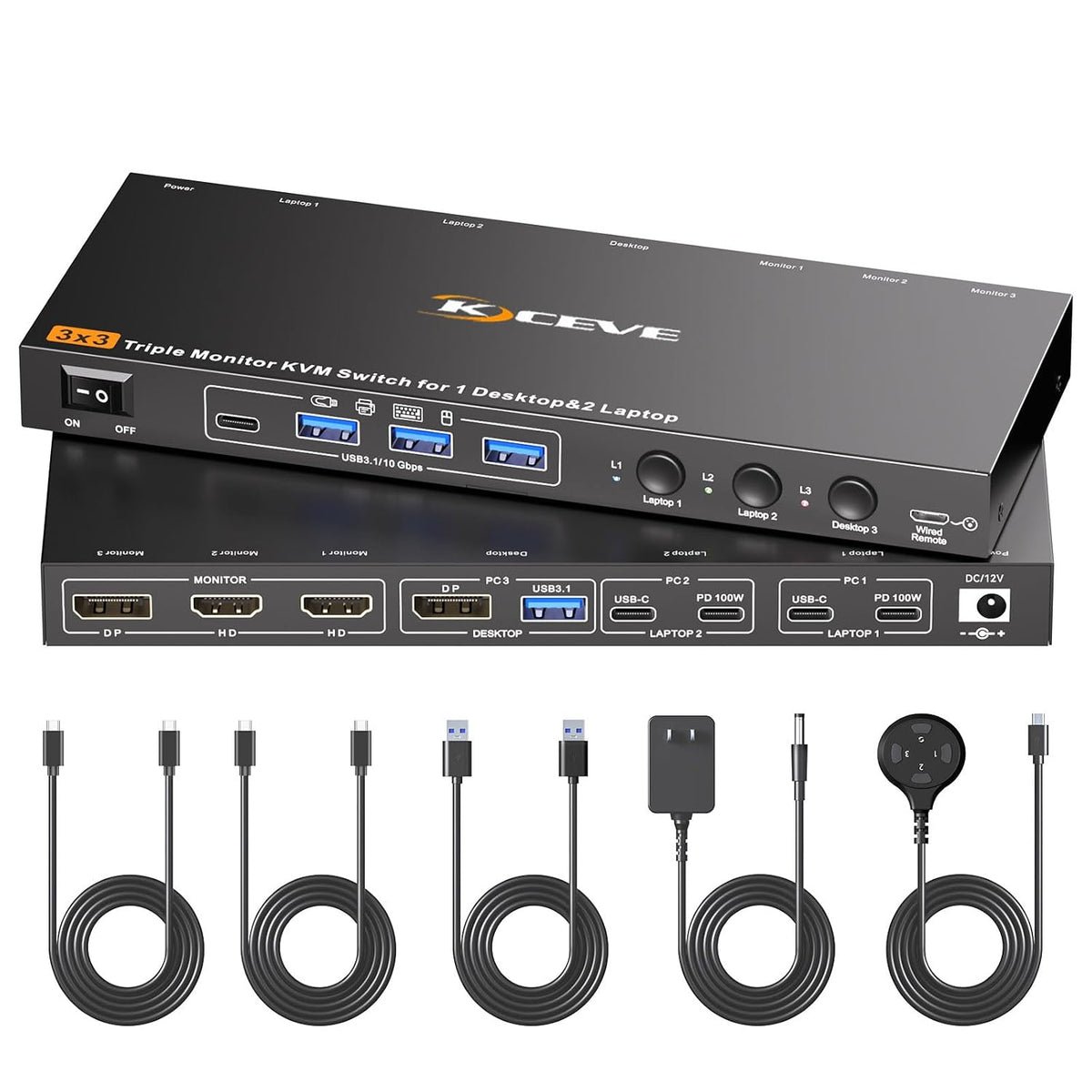 Conmutador KVM 3 Monitores 3 Computadoras USB C, Conmutador KVM para 2