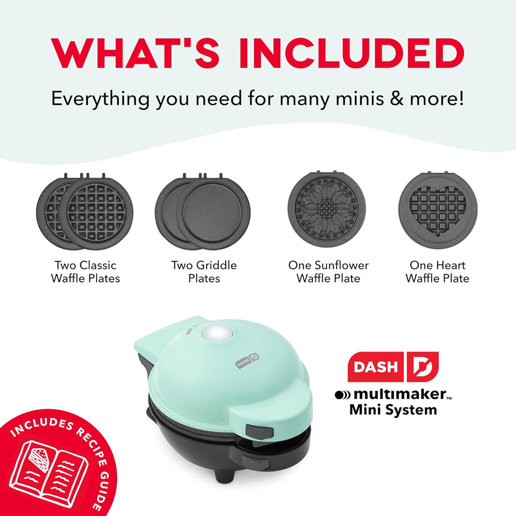 Dash MultiMaker Mini Maker - Máquina compacta para hacer gofres para desayunos familiares - Placas de plancha extraíbles y superficie antiadherente - 6 platos y estuche de almacenamiento - Aqua