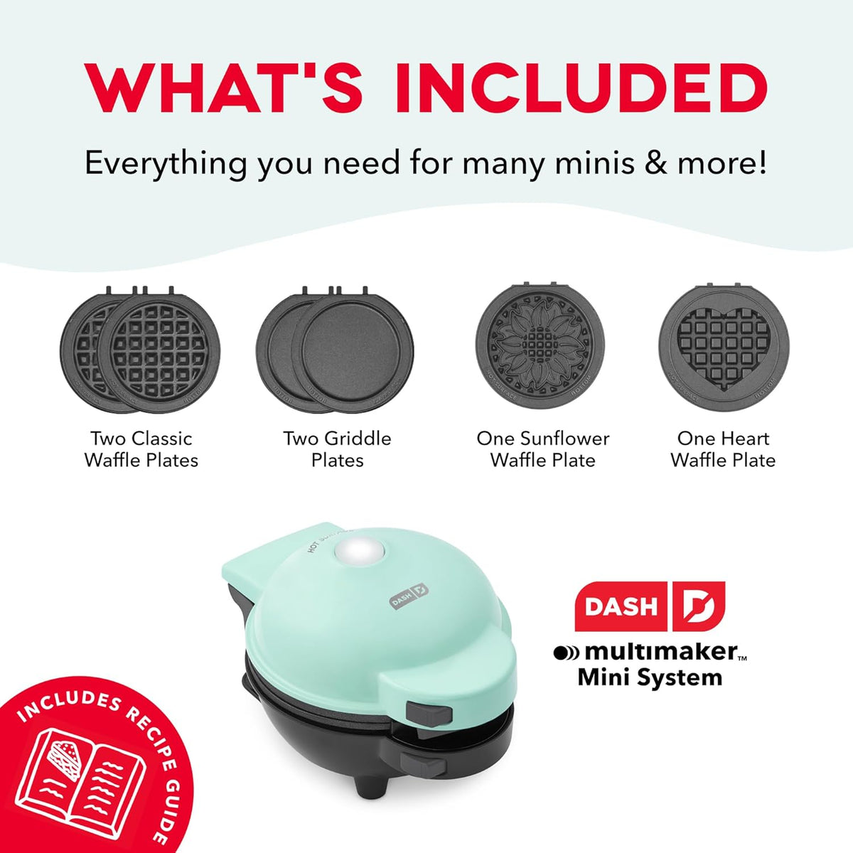 Dash MultiMaker Mini Maker - Máquina compacta para hacer gofres para desayunos familiares - Placas de plancha extraíbles y superficie antiadherente - 6 platos y estuche de almacenamiento - Aqua