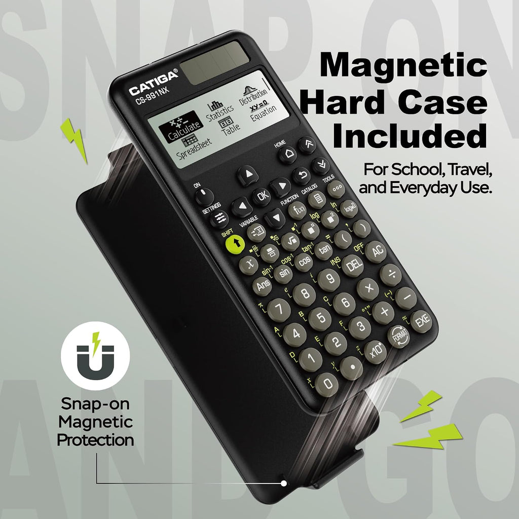 CATIGA Calculadora científica negra con pantalla HD estilo libro de texto, calculadoras científicas solares y de batería para estudiantes universitarios, secundaria e ingeniería, menú de iconos y