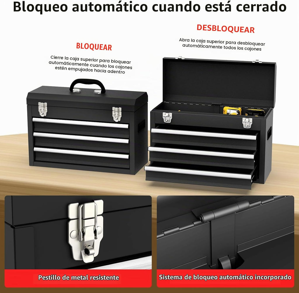 Caja de herramientas portátil de metal con 3 cajones, caja de herramientas metálica portátil con forros EVC y cierres de pestillo, cofre de herramientas de acero resistente con apertura de