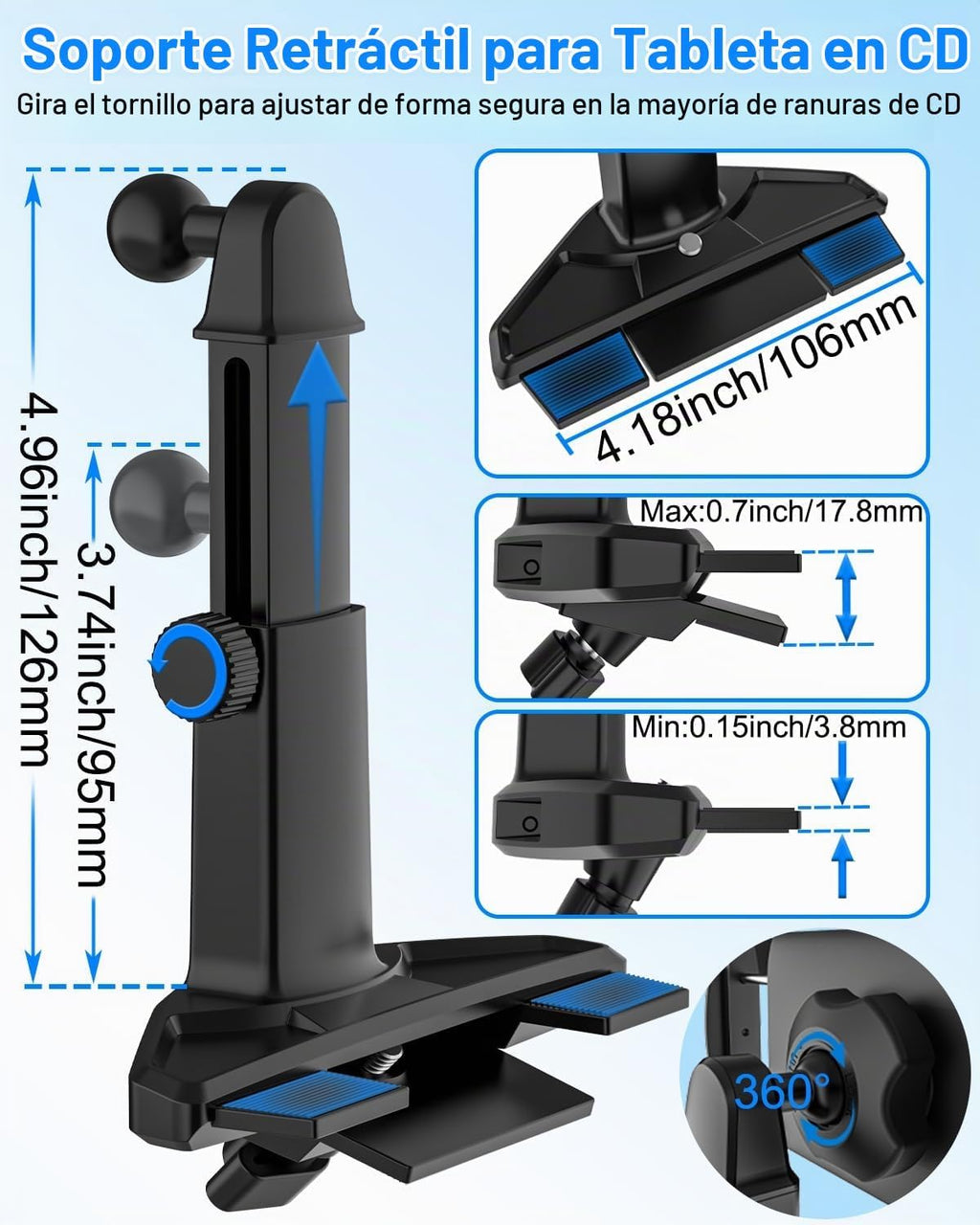 Soporte para tablet de automóvil, ranura para CD, brazo ajustable en altura, soporte para tableta para reproductor de CD de automóvil, abrazadera universal de CD para iPad Pro Air Mini, Galaxy Tabs/Z Fold/Z Flip, iPhone, más dispositivos de 4-12.9