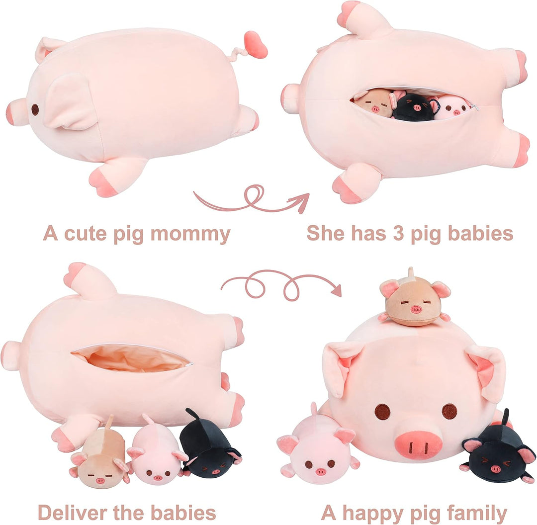 Achwishap Mamá de peluche de cerdo de 19.6 pulgadas con 3 cerdos be...