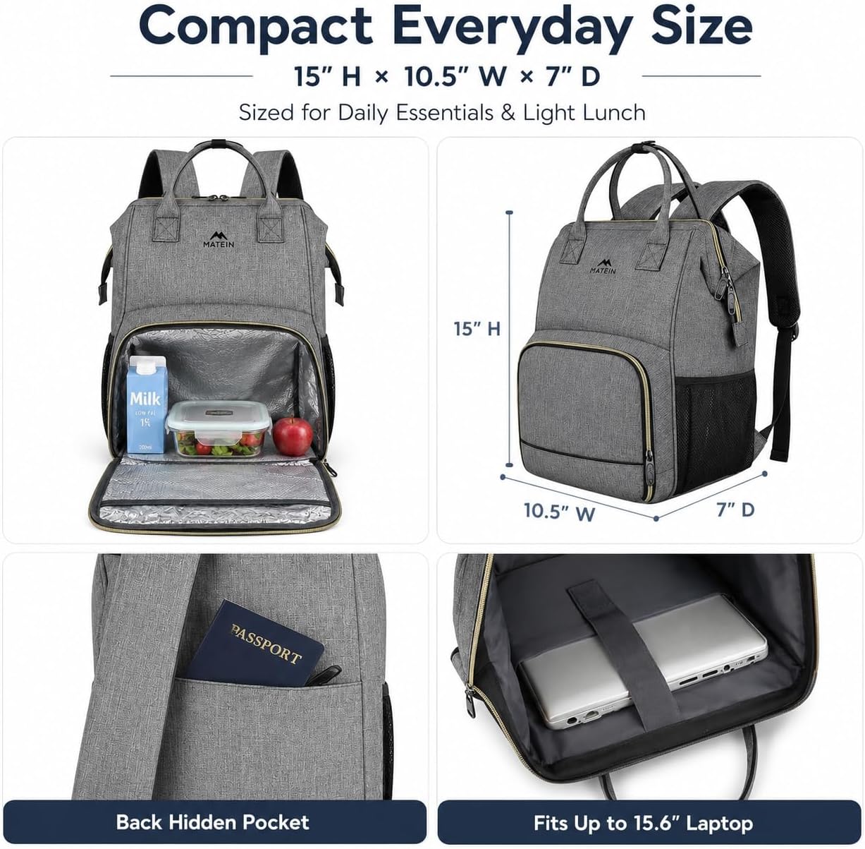 MATEIN Mochila de almuerzo aislada para mujer, mochila para laptop...