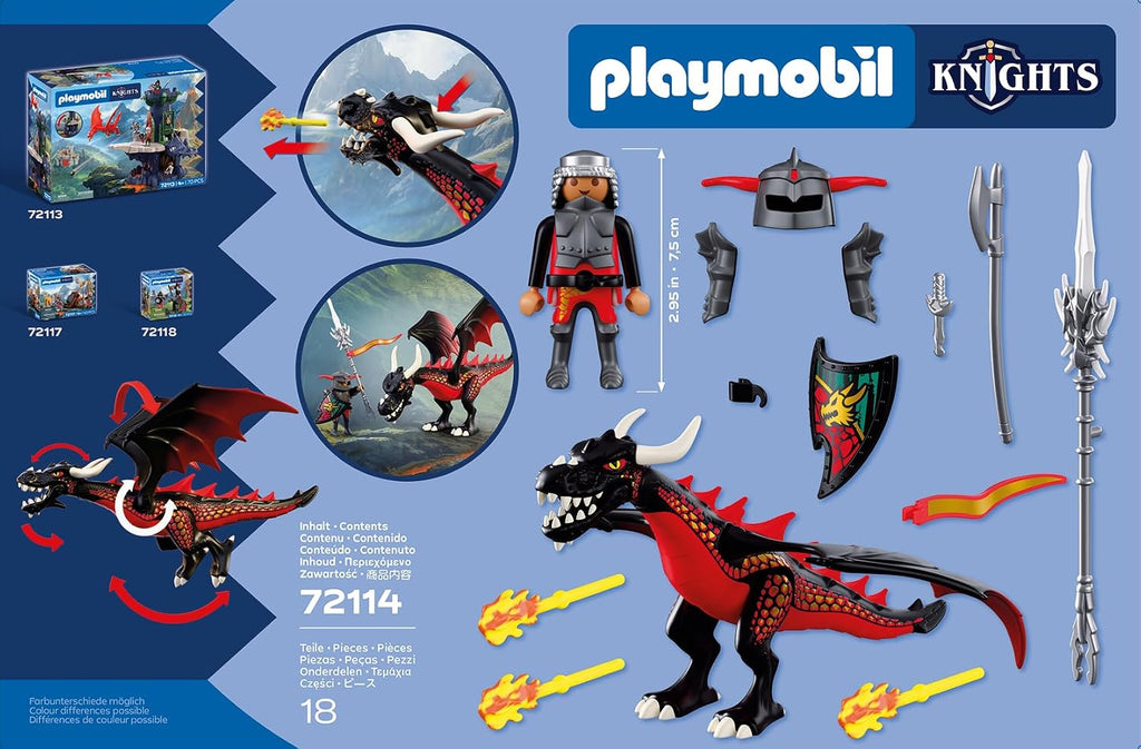 Playmobil | Caballeros | Dragón Negro | Dragón grande que respira fuego con función de disparo y caballero | Juguete de dragón para niños mayores de 4 años | 72114