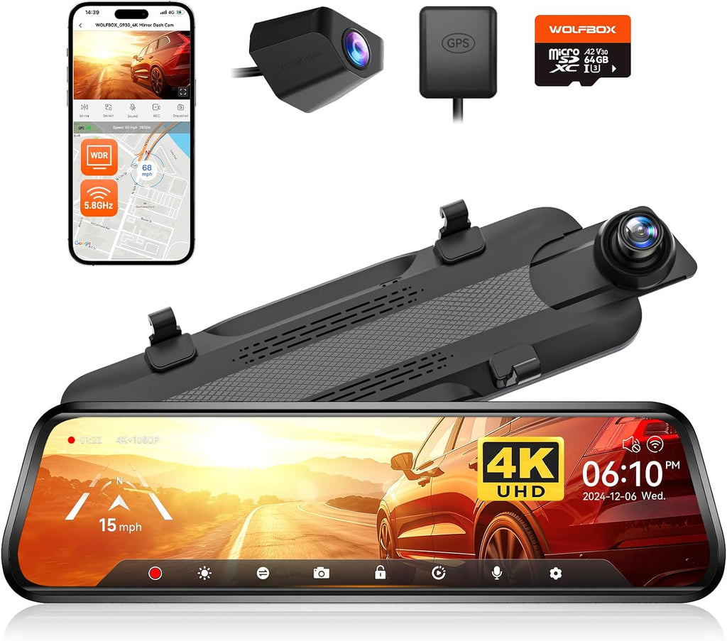WOLFBOX G930 - Cámara de espejo retrovisor de 10'' con WiFi de 5.8GHz, cámara de salpicadero 4K frontal y trasera con WDR, espejo retrovisor de respaldo con pantalla táctil, monitor de estacionamiento
