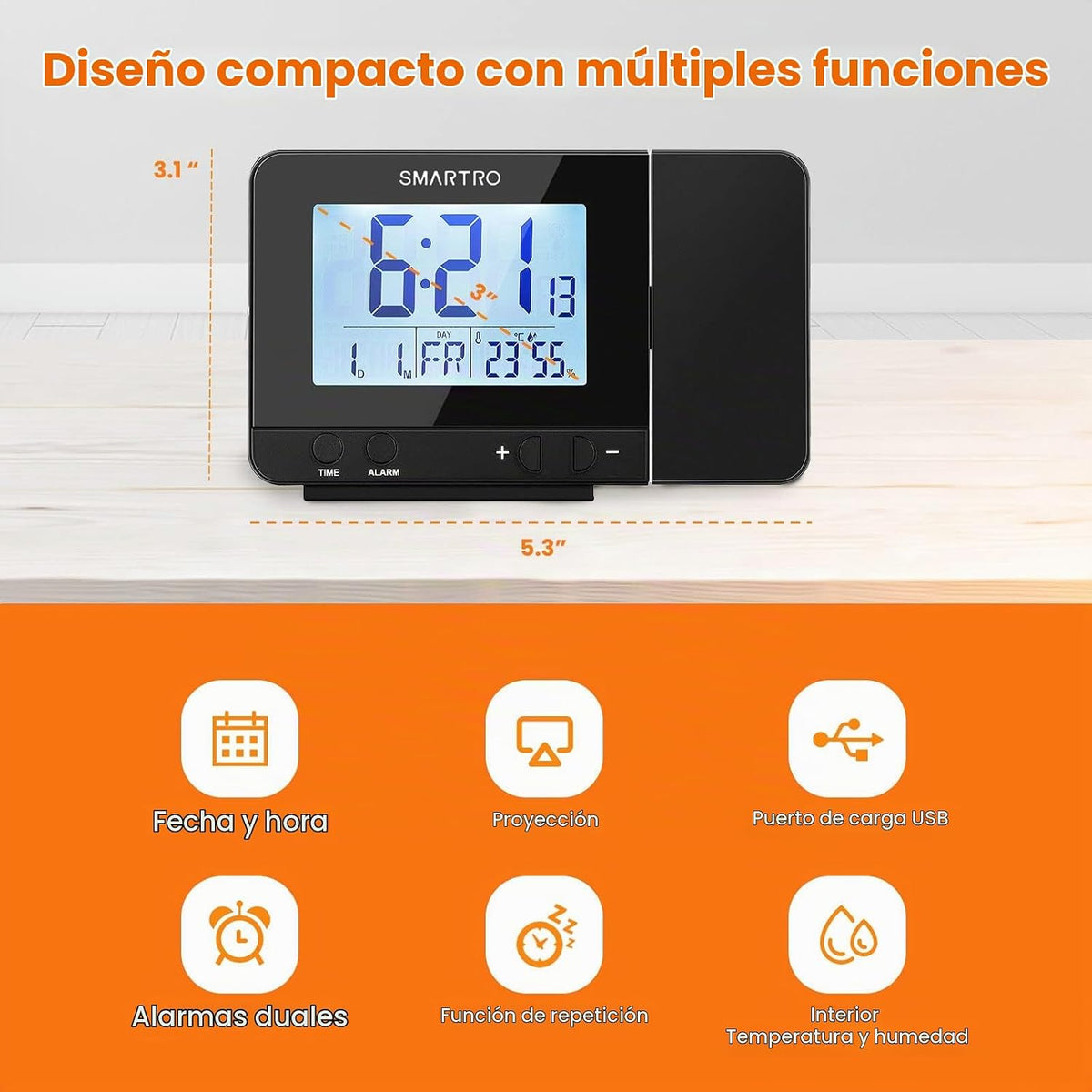 Digital Projection Alarm Clock para Bedrooms con Indoor Thermometer