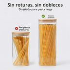 Recipientes de almacenamiento de pasta, paquete de 3, recipiente cuadrado hermético de vidrio para espaguetis de 78 onzas con tapas de bambú, tarro alto de almacenamiento de pasta de vidrio