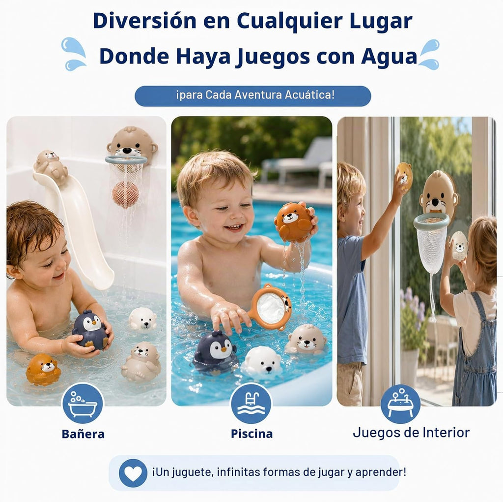 Juguetes de baño para mayores de 3 años, sin agujero, 6 animales marinos flotantes con tobogán de agua, aro de baloncesto y red de atrapación, juguetes de bañera para niños y niñas, juguetes de agua
