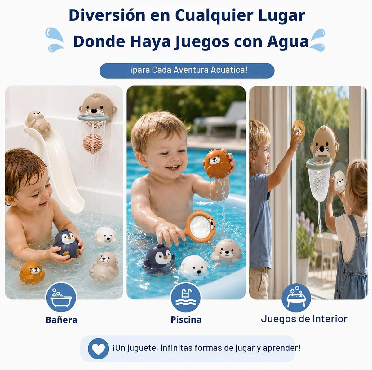 Juguetes de baño para mayores de 3 años, sin agujero, 6 animales marinos flotantes con tobogán de agua, aro de baloncesto y red de atrapación, juguetes de bañera para niños y niñas, juguetes de agua