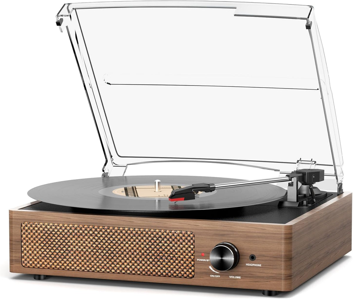 Tocadiscos de vinilo con receptor Bluetooth integrado y 2 altavoces estéreo, 3 velocidades y 3 tamaños, tocadiscos retro portátil para entretenimiento y decoración del hogar