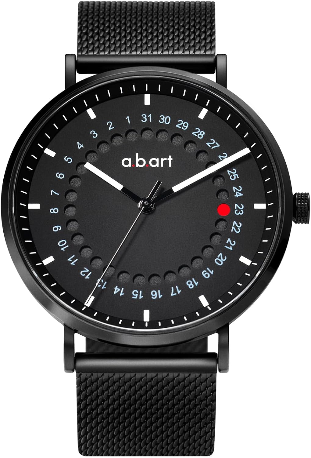 a.b.art Reloj de cuarzo para hombre, movimiento Ronda con piezas suizas, cristal de zafiro, correa de malla milanesa, diseño ultrafino, esfera negra de 41mm, estilo minimalista Bauhaus