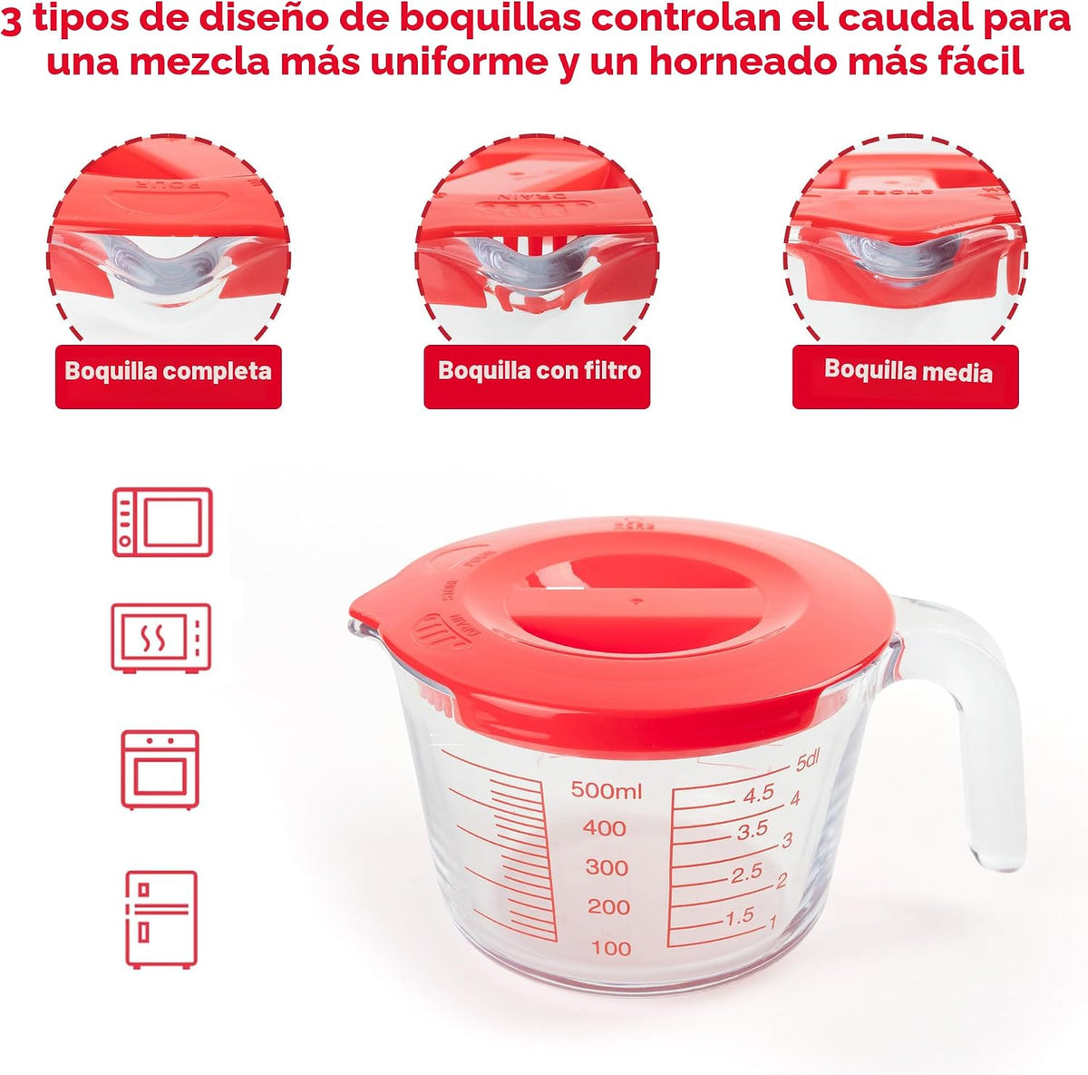 Juego de 6 tazas medidoras de vidrio con tapas (colador incluido) – 1 taza/2 tazas/4 tazas con asas de fácil agarre, medición de líquidos de cocina