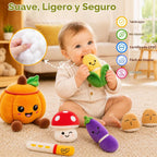 Juguetes sensoriales musicales, juguetes Montessori para bebés de 1 año de edad, frutas y verduras, 6 unidades | Juguete de peluche Montessori sensorial para jugar, juguete de aprendizaje con texturas