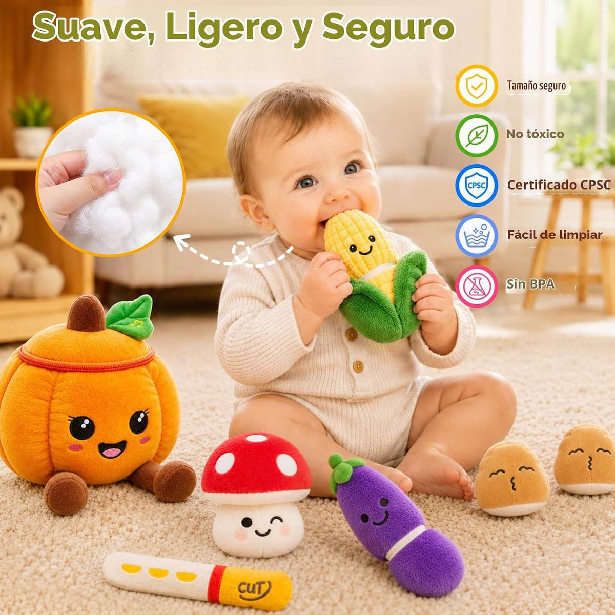 Juguetes sensoriales musicales, juguetes Montessori para bebés de 1 año de edad, frutas y verduras, 6 unidades | Juguete de peluche Montessori sensorial para jugar, juguete de aprendizaje con texturas