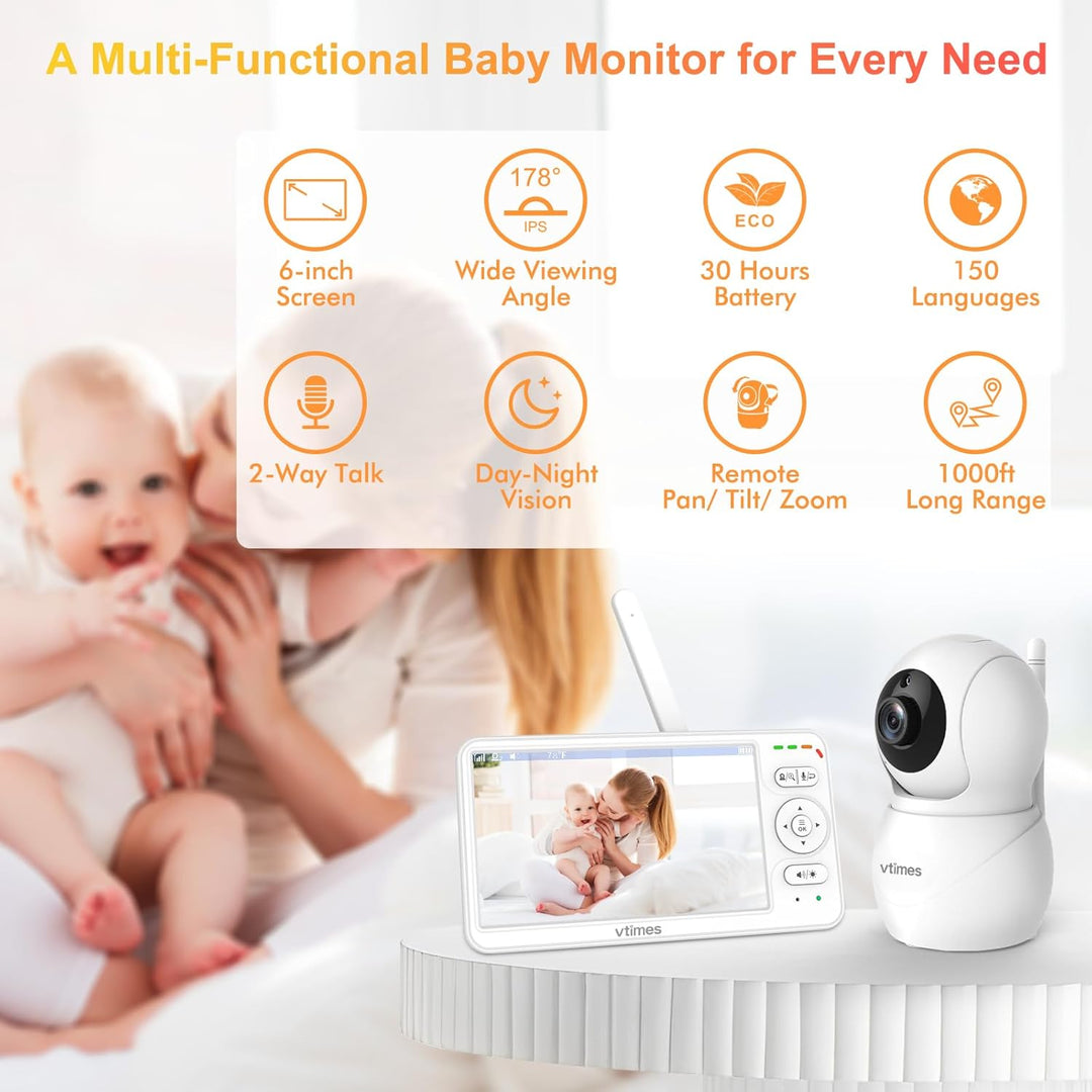 VTimes Monitor de bebé con cámara y audio, pantalla IPS de 6'&#...