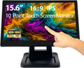 ANGEL POS Monitor POS de pantalla táctil FHD IPS de 15.6 pulgadas 1920 x 1080 con soporte de metal, 10 puntos táctiles HDMI VGA, pantalla impermeable a prueba de polvo 1080P, industrial, oficina, venta al por menor, gimnasio, almacén (negro)