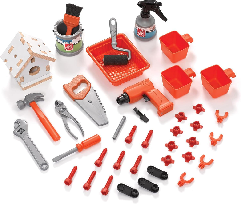 Step2 Big Builders Pro Workshop para niños, banco de herramientas para interiores y exteriores, juego interactivo con sonidos, incluye kit de accesorios de juguete de 45 piezas, hecho de plástico duradero, para niños pequeños de 3 años en adelante