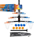 Aro de baloncesto sobre la puerta, pirámide de carreras de 7 aros de altura ajustable con 8 mini bolas de espuma y bolsa de transporte, montaje en pared, fácil instalación, juego para niños para interiores y exteriores para mayores de 5 años