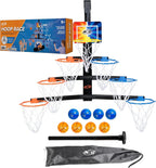 Aro de baloncesto sobre la puerta, pirámide de carreras de 7 aros de altura ajustable con 8 mini bolas de espuma y bolsa de transporte, montaje en pared, fácil instalación, juego para niños para interiores y exteriores para mayores de 5 años