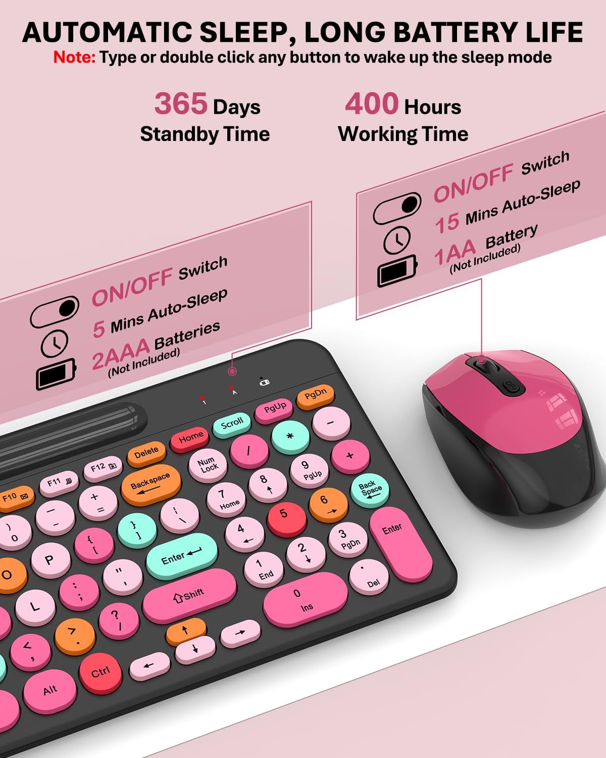 Colorido combo de teclado y mouse inalámbricos, teclas redondas, te...