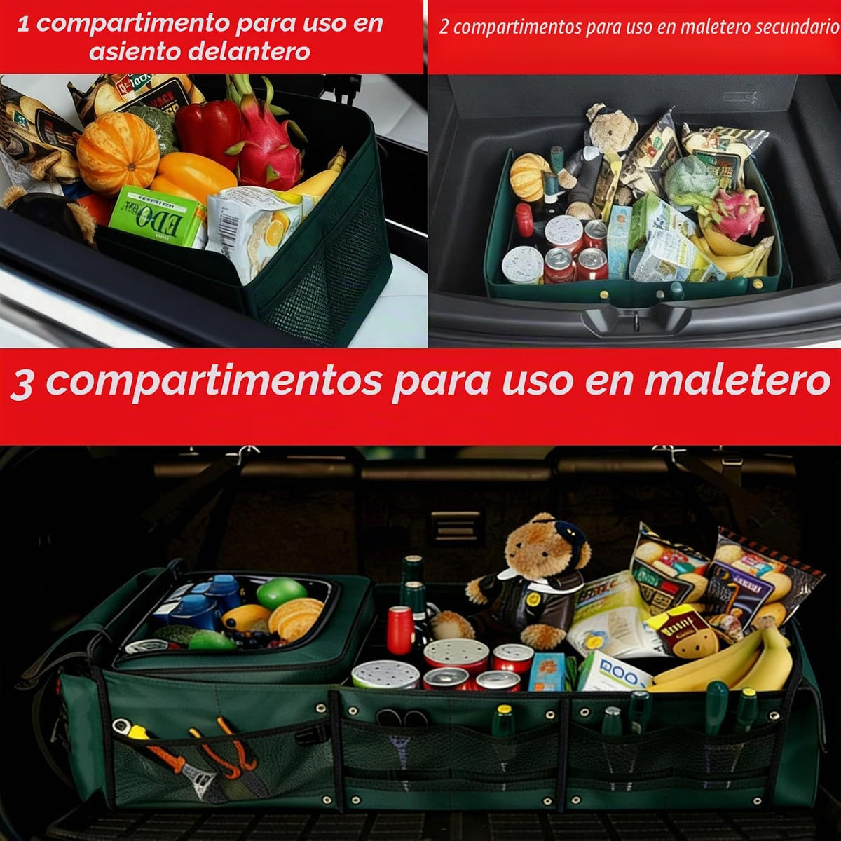 Organizador de maletero de automóvil con bolsa enfriadora extraíble, almacenamiento plegable con múltiples compartimentos para SUV, camión, comestibles, campamento, organizador de carga de nailon duradero (verde)