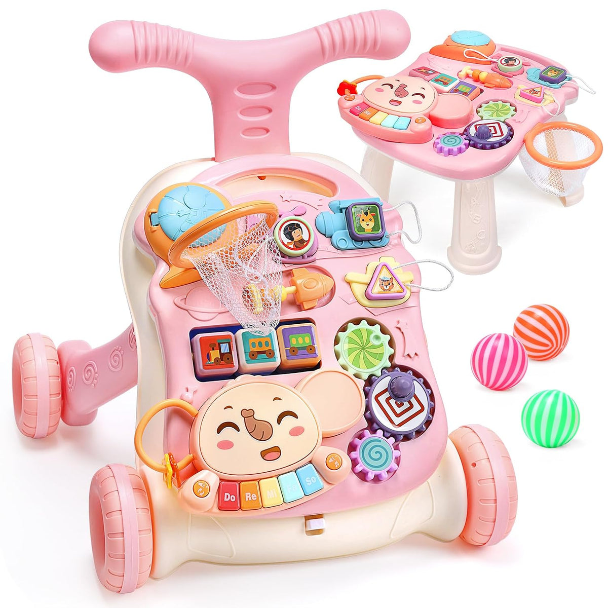CUTE STONE Andador de bebé 2 en 1 para niñas, andador de aprendizaje para niños pequeños, juguetes educativos tempranos para empujar y caminar con centro de actividades desmontable para bebés de 12+