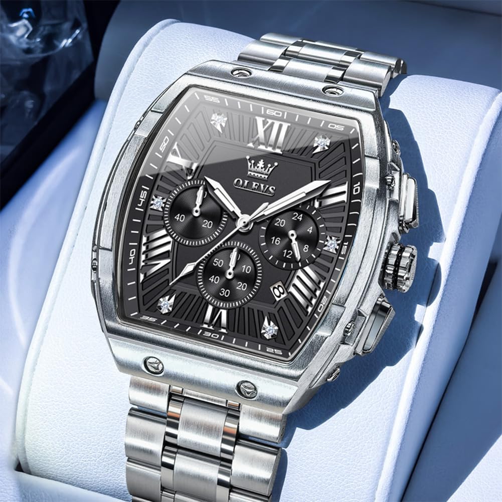 OLEVS Reloj para Hombres Analógico Cuarzo Lujo Diamante Resistente al Agua Cronógrafo Acero Inoxidable Carita Grande Cuadrado Fecha Fase Lunar Romano Relojes de Vestir para Hombres