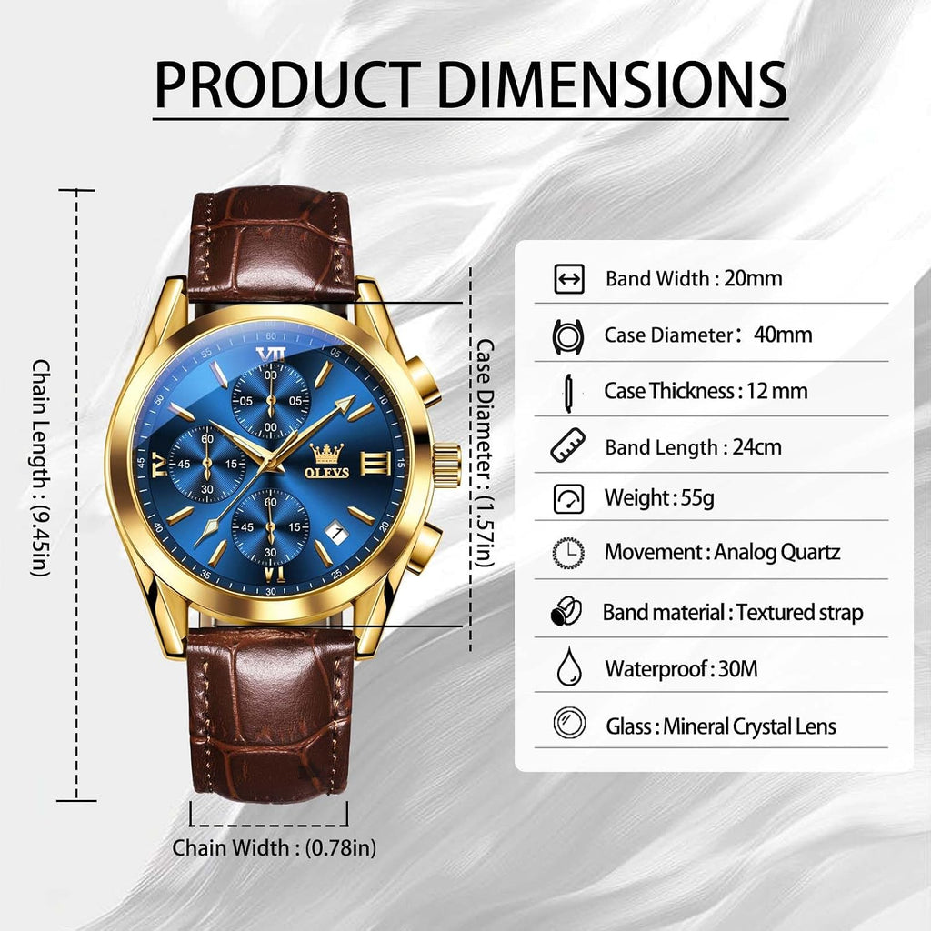 OLEVS Reloj de vestir de cuero para hombre, casual, cuarzo, marrón, pulsera, con fecha
