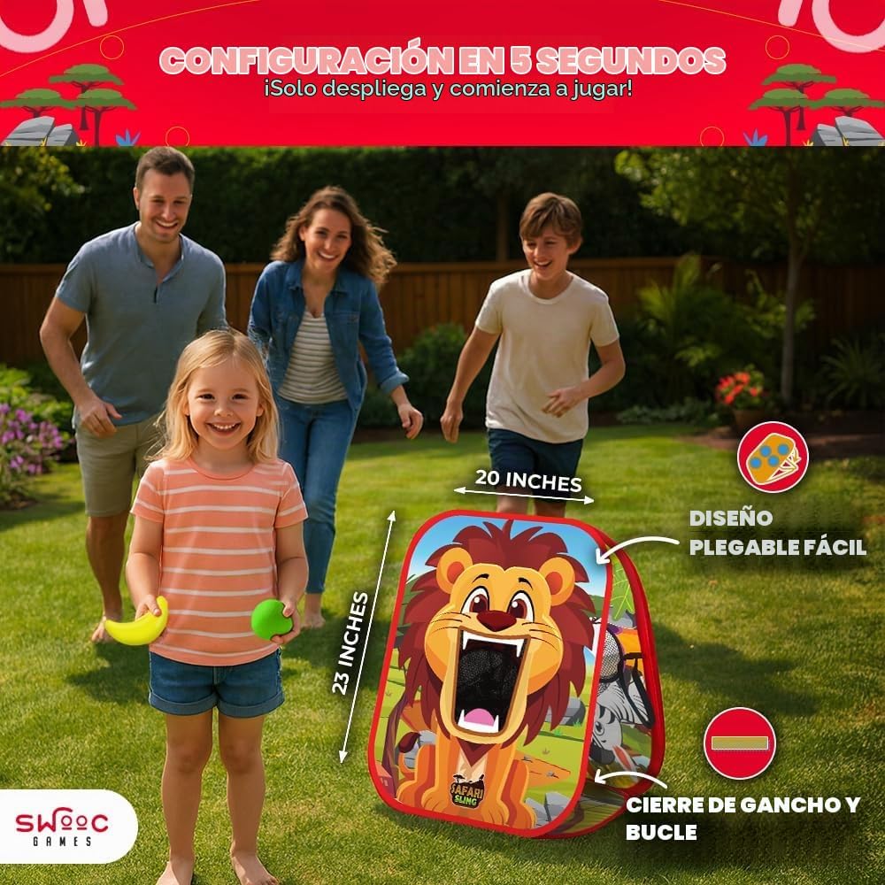 Swooc Games® - Safari Sling | Juego de lanzamiento de bolsas de frijoles 2 en 1 para niños | Juego de Cornhole para niños de configuración de 5 segundos | Juegos de fiesta en el patio trasero | Juego