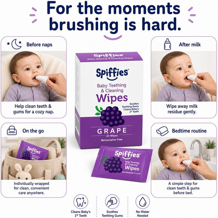 Spiffies Toallitas para dientes de bebé, sabor a uva, limpiador de...