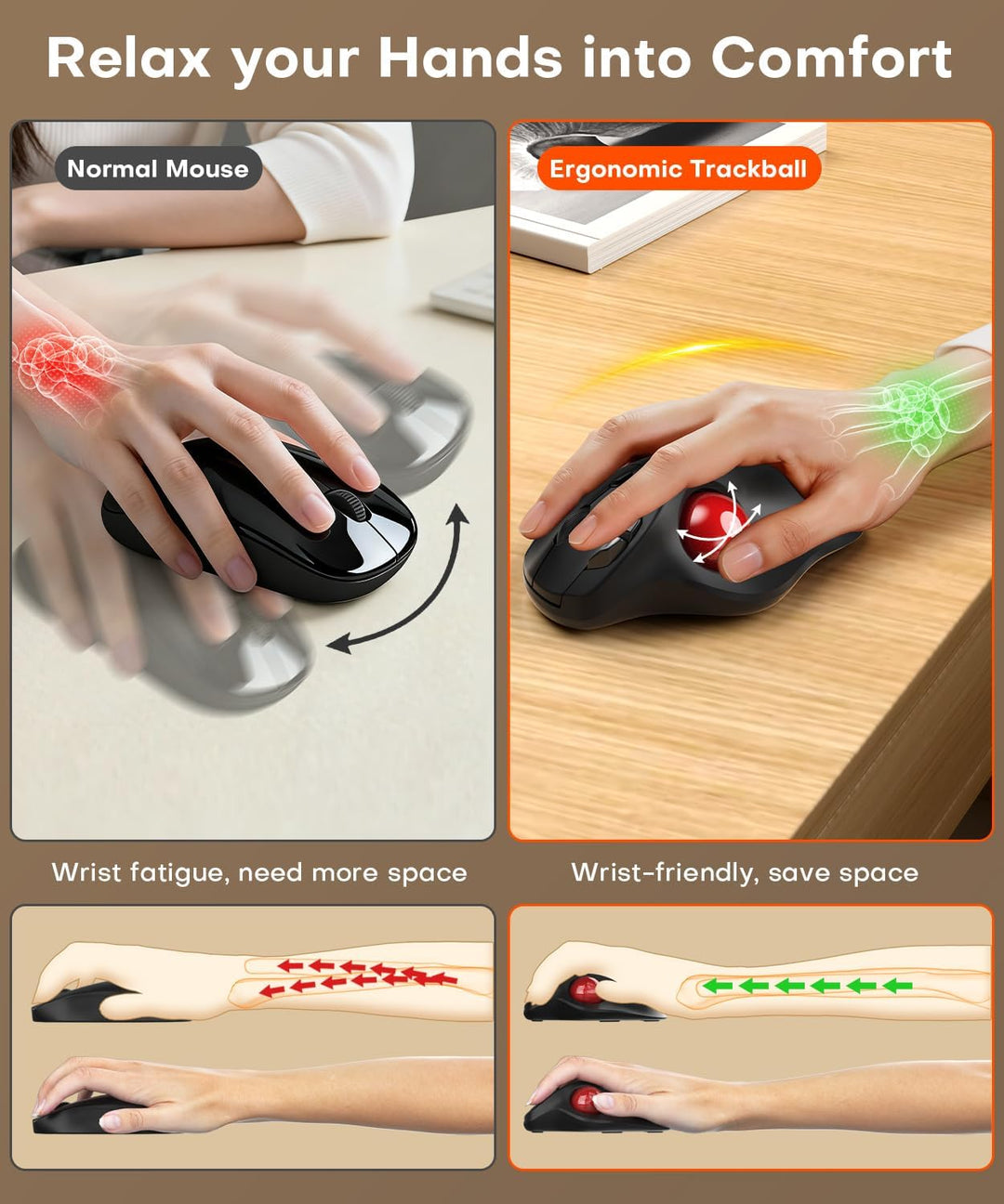 Ratón ergonómico inalámbrico de Trackball, conexión de 3 dispositiv...
