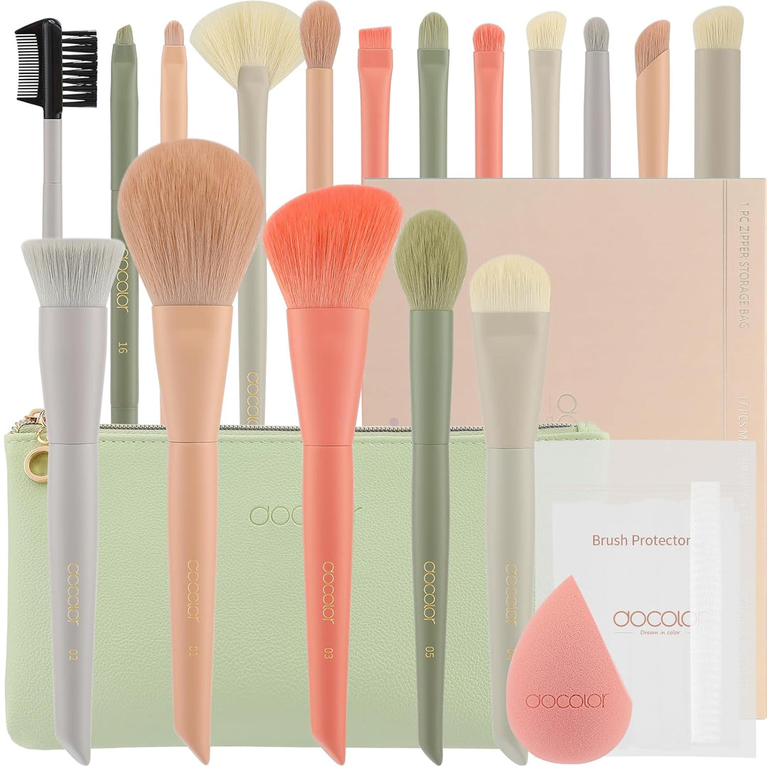 Docolor Juego de brochas de maquillaje 17+2 piezas con bolsa de maq...