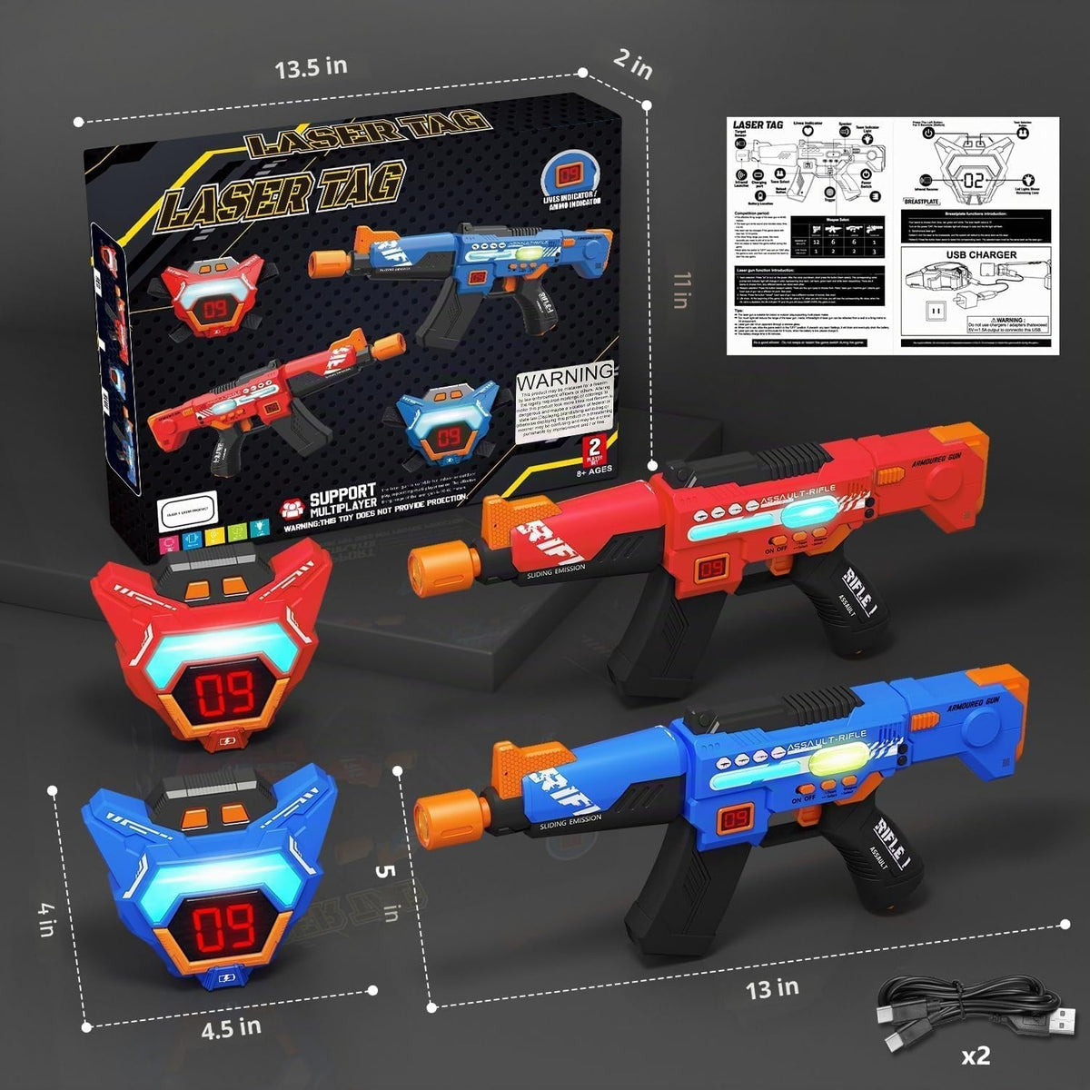 Juegos de pistolas láser recargables con conjunto de 2 juguetes con chalecos multifuncionales digitales LED mejorados, regalos de cumpleaños para niños, niñas, 8, 9, 10, 11, 12+ años, adolescentes