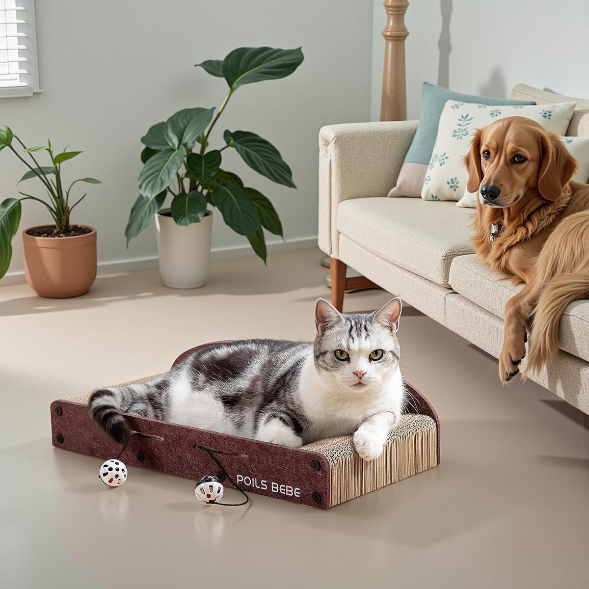 Rascador de sofá de 26 pulgadas, cartón pequeño para gatos con bolas de campana, tumbona duradera para gatos de interior, protector de muebles de arañazos para gatos con hierba gatera