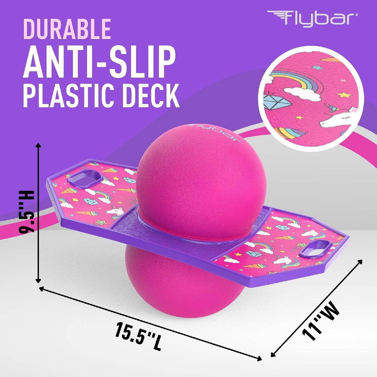 Flybar Pogo - Pelota de truco para niños, tabla de rebote de equilibrio con cubierta antideslizante, bomba incluida, juguetes para interiores y exteriores para niños y niñas, forma divertida de