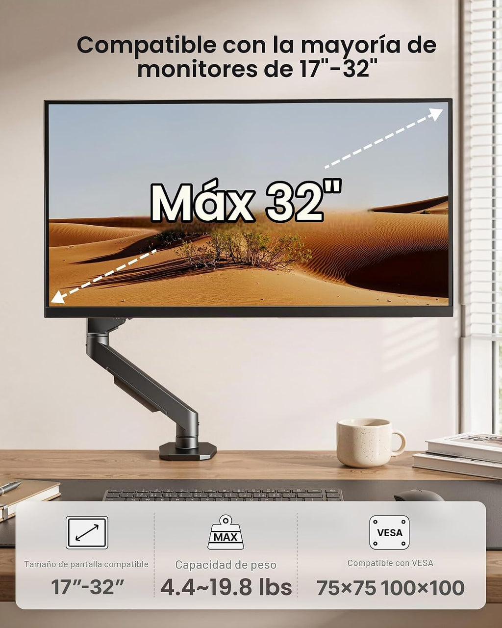 monTEK Brazo de monitor único de aluminio para pantallas de 17-32", soporta
