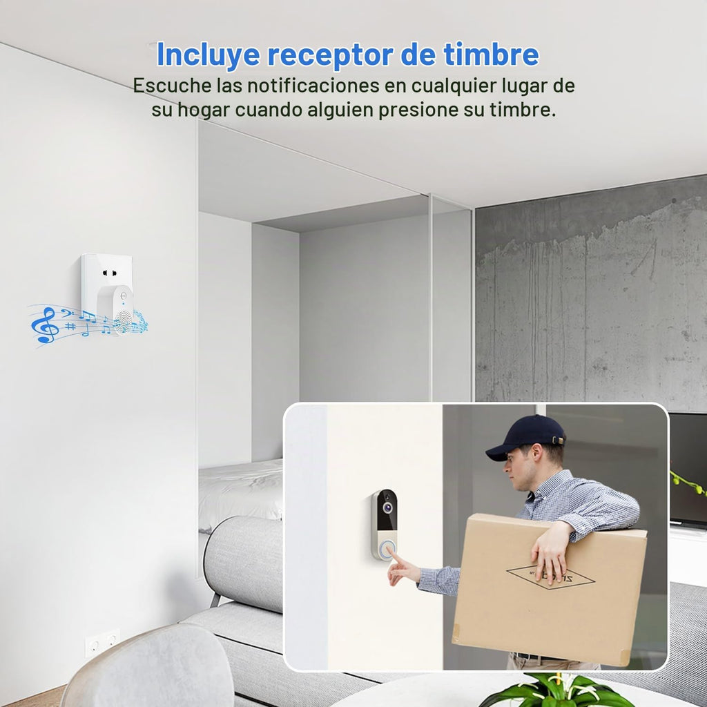 Cámara de timbre de video WiFi con detección humana, funciona con pilas, visión nocturna, conversación bidireccional, WiFi 2.4G, almacenamiento en la nube