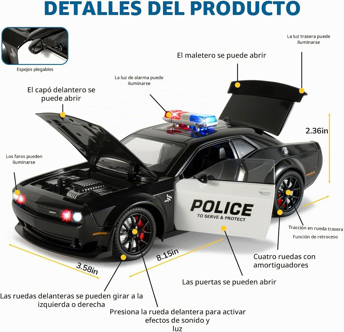 Coches de policía para niños de 3 a 5 años, 1/24 coches fundidos a presión Hellcat coche de juguete colección modelo con tracción hacia atrás, coche de policía Hellcat de juguete con luces y