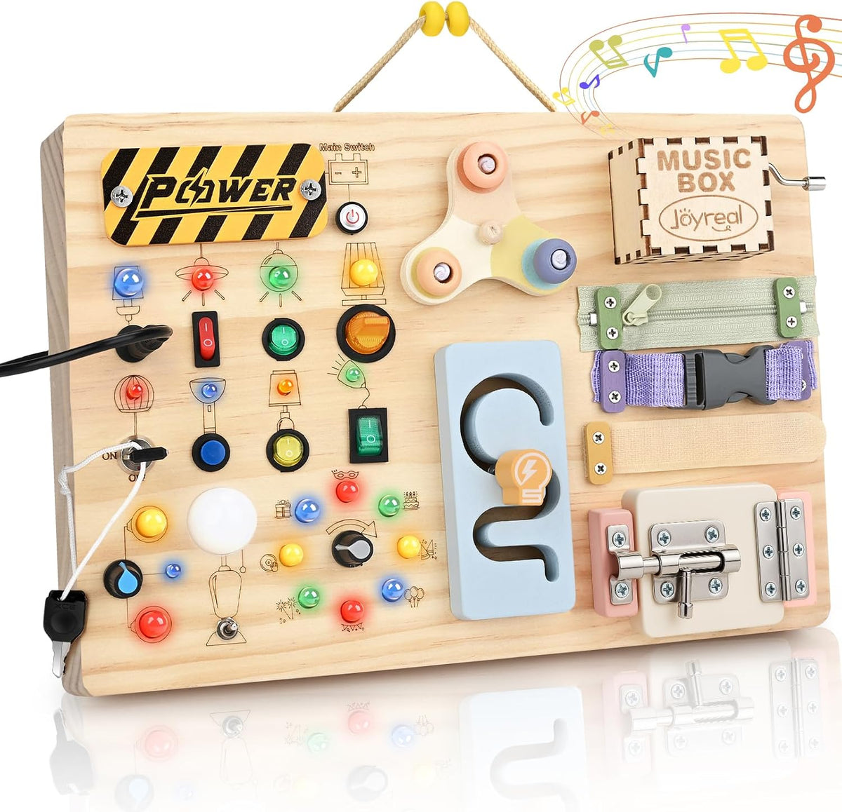 Joyreal Tablero Montessori de madera para niños pequeños, tablero de actividades sensoriales con luces LED, caja de música y cerraduras, juguete educativo de aprendizaje para niños y niñas