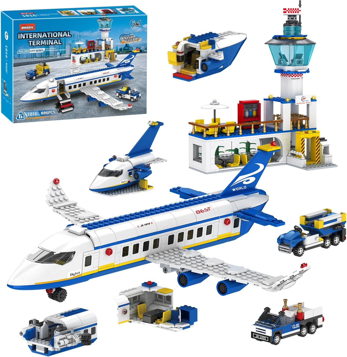 City Passenger - Juego de construcción de avión de pasajeros, 886 piezas STEM 6 en 1, juguete de bloque de construcción con terminal, autobús de lanzadera, carrito de equipaje, regalos de cumpleaños de Navidad para niños y niñas de 6 a 12 años en adelante